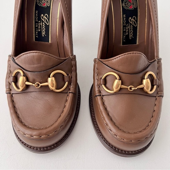 GUCCI | Vintage Alyssa Brown Leather Horsebit Pumps Block Heel Loafers 37.5 - Picture 4 of 16